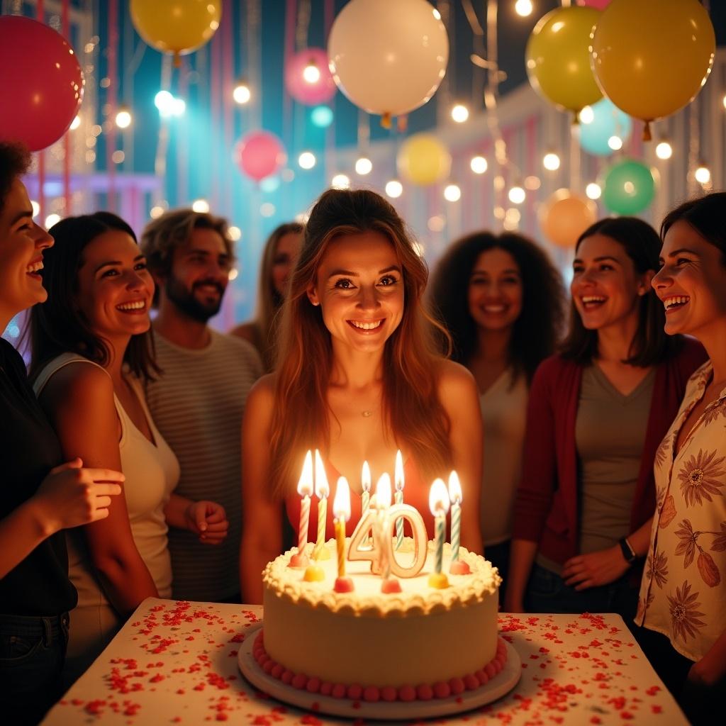 A birthday celebration for Vicky's 40th. Colorful balloons in the background. A cake with 40 candles. Guests gathered around. Soft lighting creates a festive atmosphere. Happy and joyful expressions.