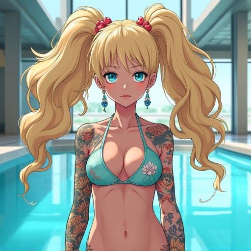 Anime character illustration featuring a woman with large blonde curly pigtails and frost blue eyes. She has a beautiful face and wears a sexy bikini, showcasing colorful traditional Japanese tattoos. The setting is a luxurious indoor pool with a modern design. Emphasis on muscular arms and six-pack abs, highlighted by a confident and extroverted expression.