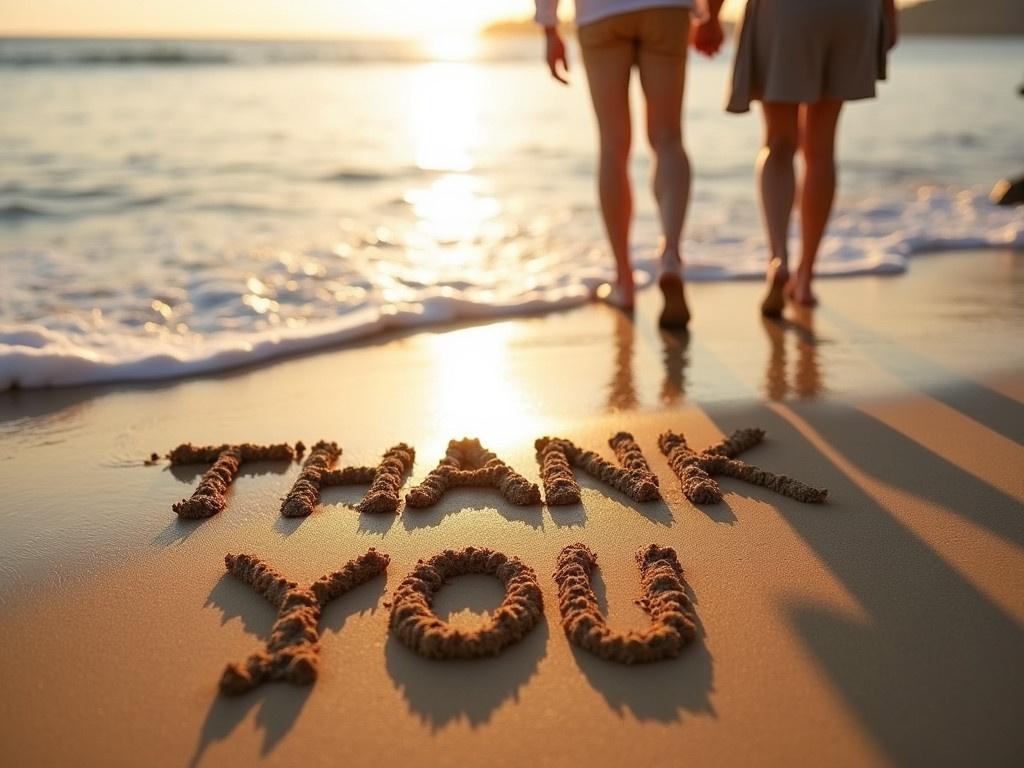 A cozy, romantic scene at the beach where the waves softly lap at the shore. The words 'THANK YOU' are beautifully written in the sand, capturing a moment of gratitude. Soft sunlight glimmers on the water, creating a warm atmosphere. Gentle sea breeze adds to the serene vibe, making it feel intimate. A couple can be seen in the background, walking hand in hand, embodying love and appreciation for each other.