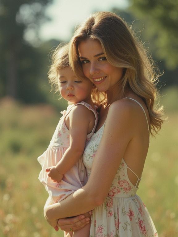 Mother holds daughter in a field. Both wear soft, floral clothing. Background blurred. Style resembles early digital photography. Image quality appears low. Light is warm and soft. A nostalgic feel reminiscent of early 2000s. Emphasizes family connection.