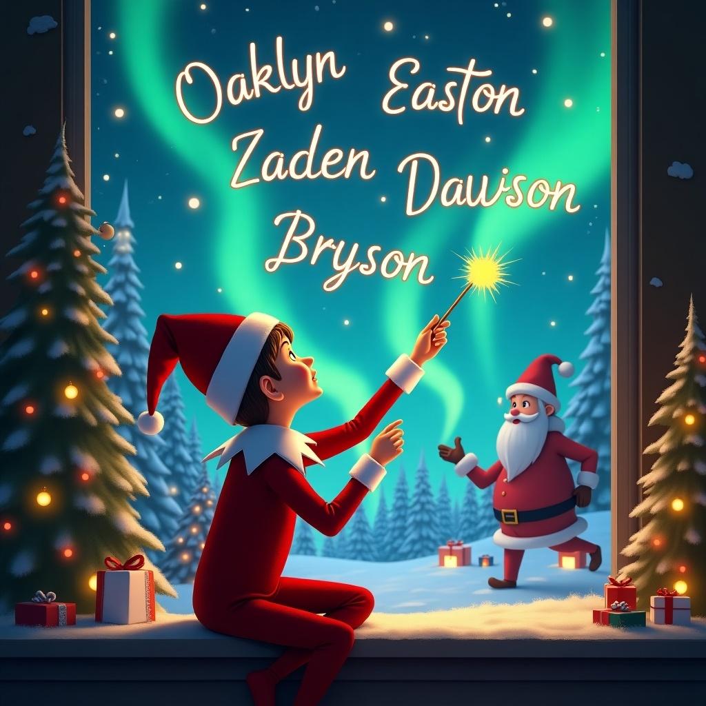 An enchanting Christmas scene featuring an elf on the shelf, seen from behind, facing a magical sky filled with the northern lights. The elf is using a magic wand to elegantly write the names Oaklyn, Easton, Zaden, Dawson, and Bryson in the air. Santa Claus can be seen playfully in the background, adding to the festive atmosphere. The setting includes snow-covered trees and colorful Christmas presents. This whimsical scene captures the spirit of holiday magic, inviting imaginations to soar.