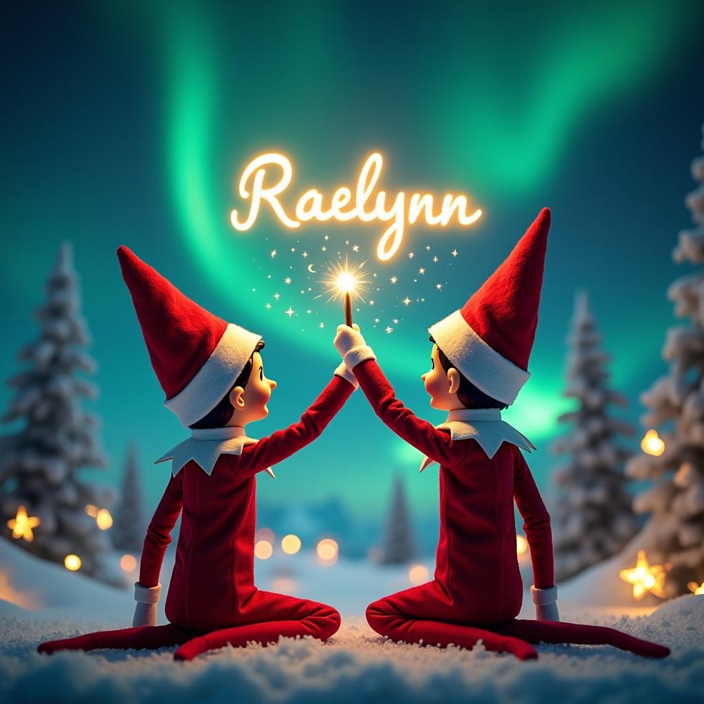 An enchanting Christmas scene features two elves on the shelf, facing the sky. They wear red and white outfits and wield magic wands. The elves create glowing script of 'Raelynn' above them. The backdrop shows vibrant northern lights. The scene captures the spirit of Christmas with wonder and excitement.