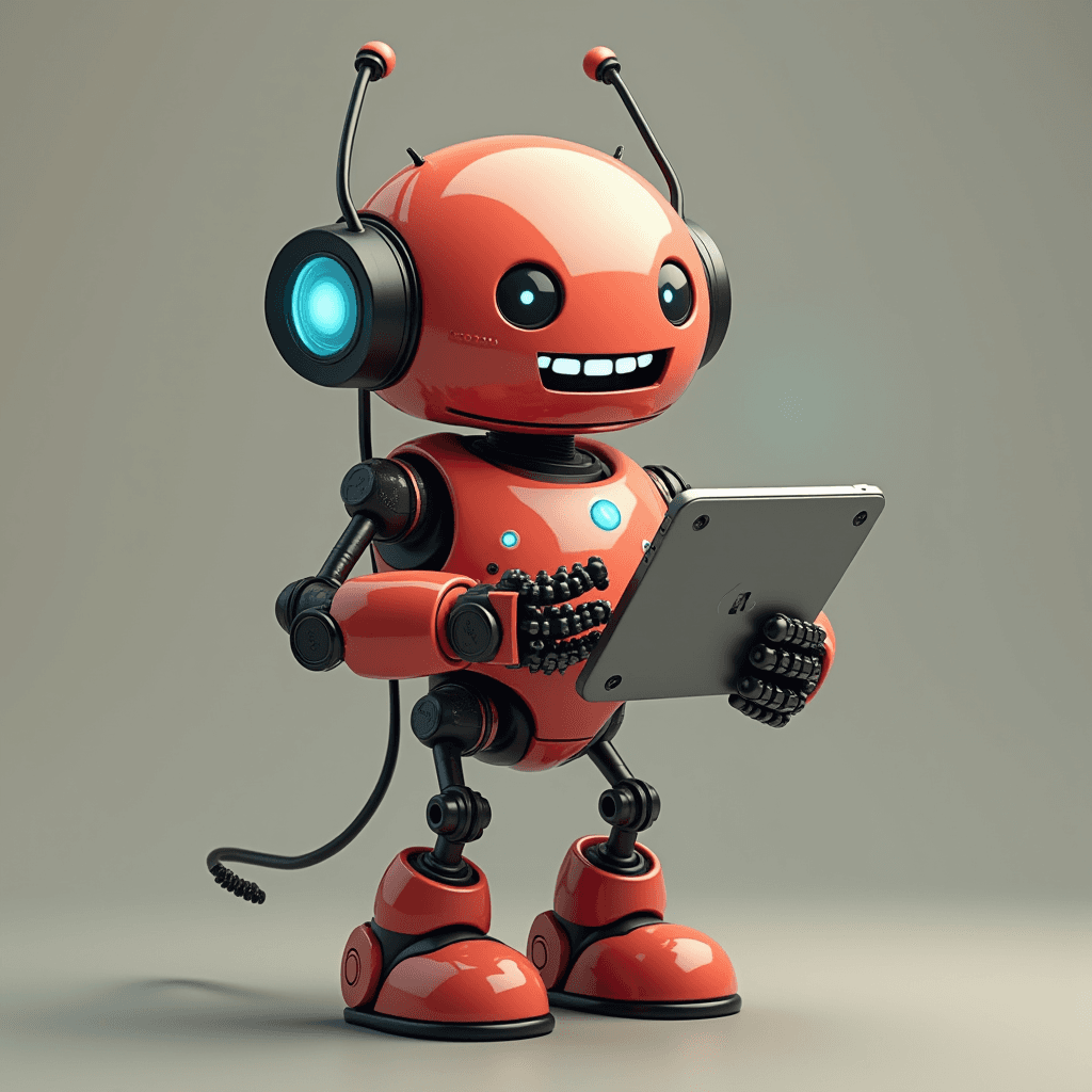 A cheerful, red robot holding a tablet, with antennas and glowing headphones against a neutral background.