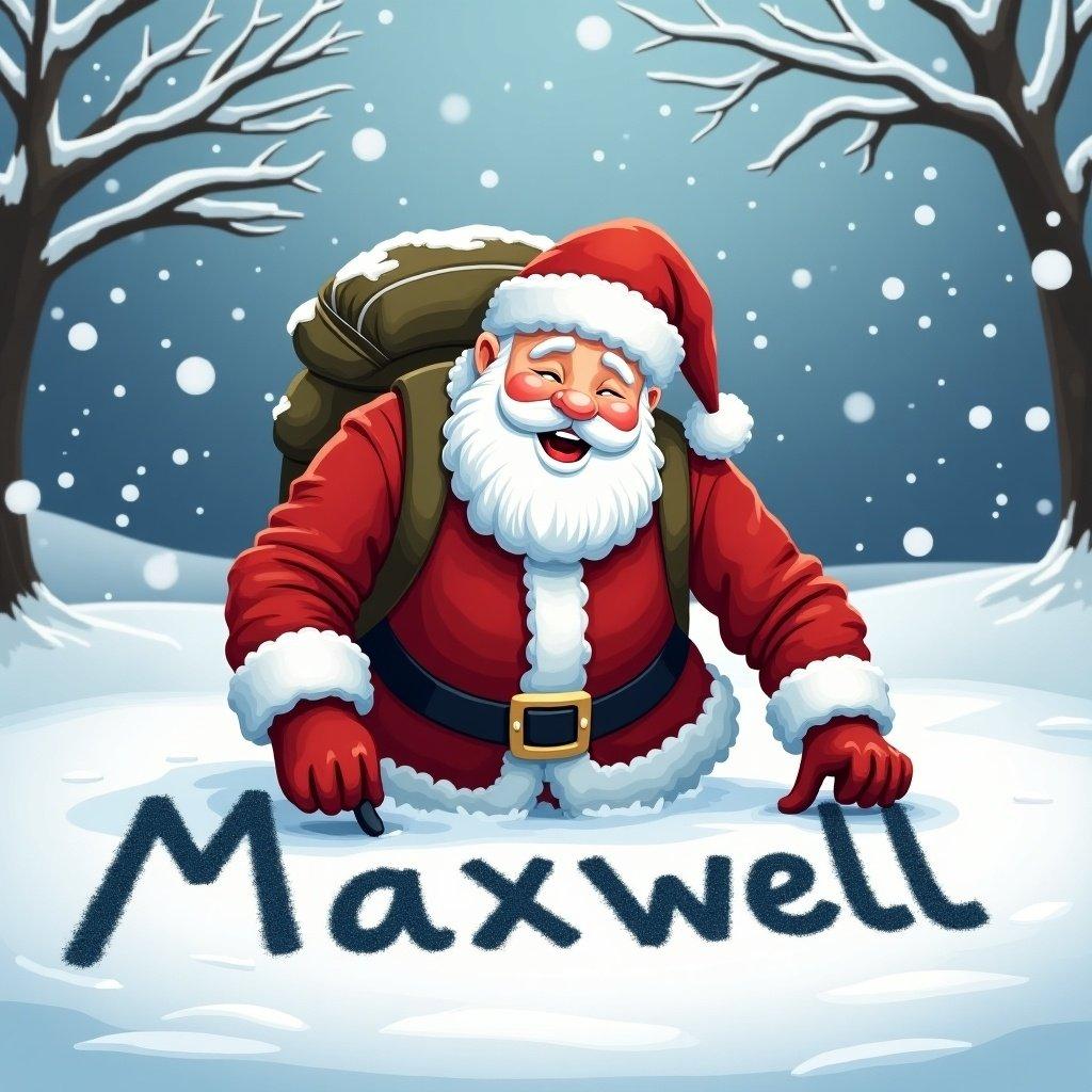 Santa Claus is joyfully drawing the name 'Maxwell' in freshly fallen snow. He wears a classic red suit and a white beard. A backpack is slung over his shoulder. The background features a serene winter landscape with snow-covered trees and softly falling snow. Santa appears cheerful as he focuses on his drawing. The snowy ground is a canvas for his creative expression. The image captures the whimsical essence of the holiday season.