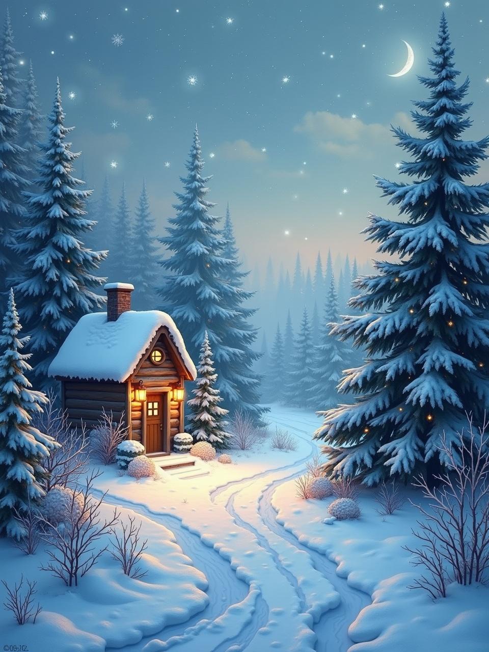 Beautiful snowy scene with a cozy cabin and words about Christmas countdown.