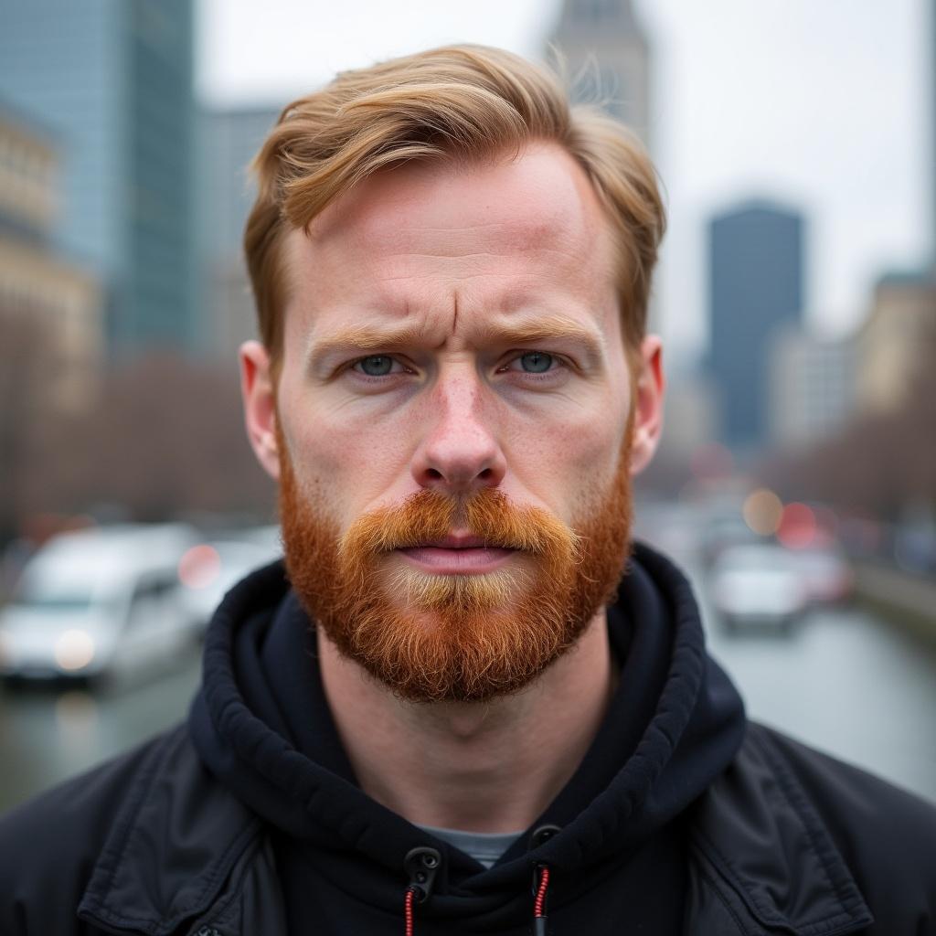 Business headshot in an urban setting. Person has a ginger beard and dark blonde hair. Capture the professional atmosphere and modern cityscape.