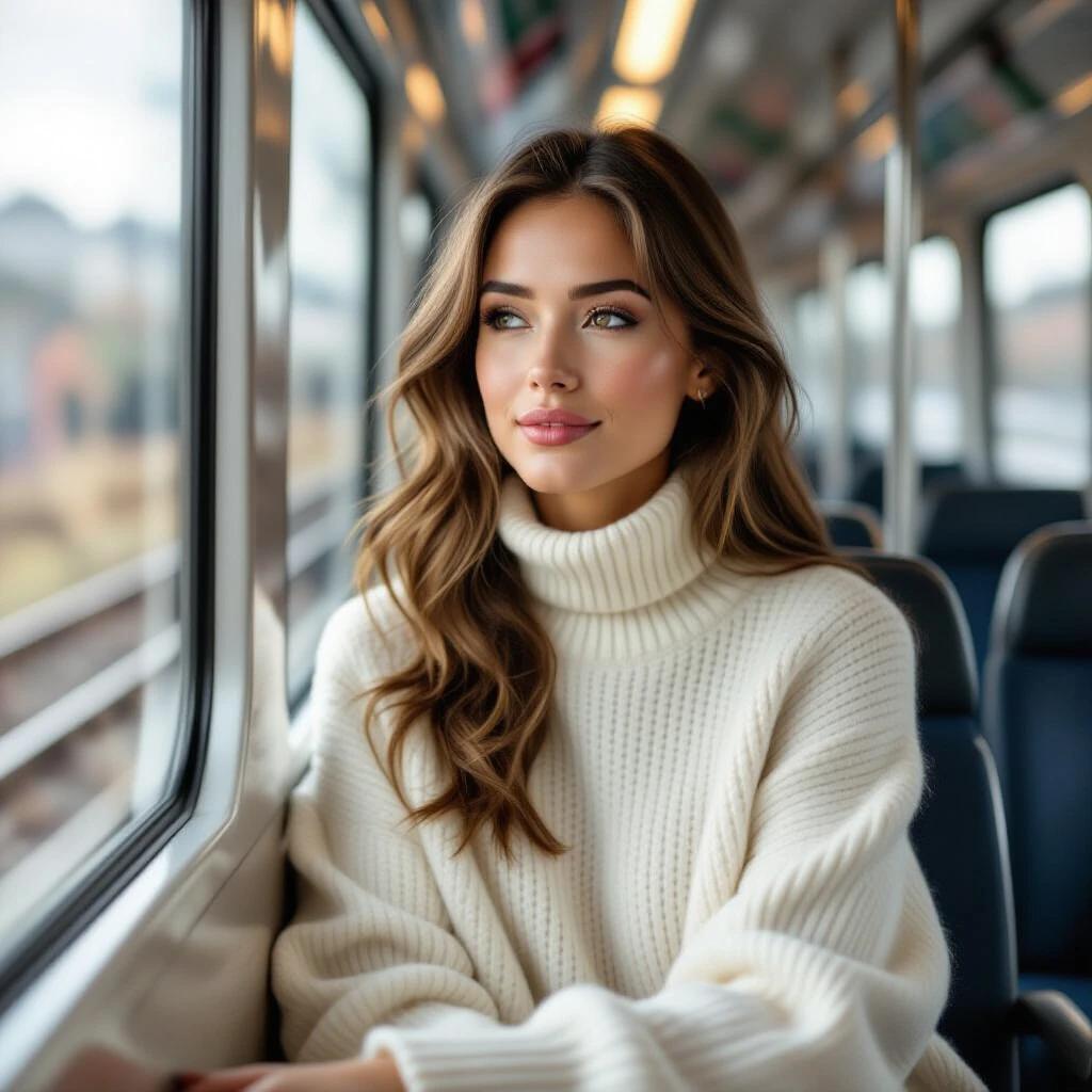 A tranquil and elegant scene inside a moving train. A woman in a high-neck white sweater sits gazing out the window. Her long hair falls naturally as she expresses a thoughtful mood. The background is blurred, hinting at movement outside. The overall colors are soft and light, creating a warm and cozy visual experience. The style is photography, emphasizing emotion through light and shadow.