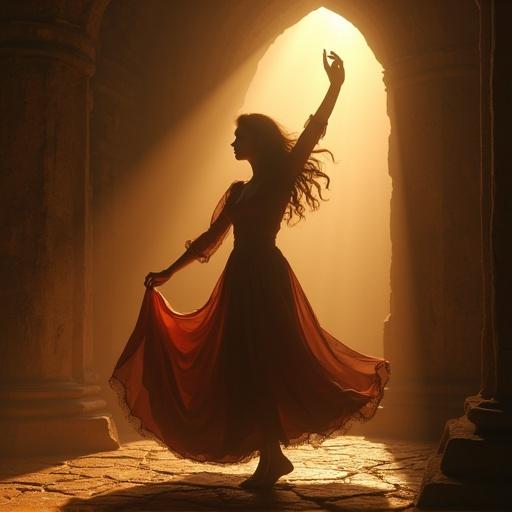 Dancing woman in a dungeon with shimmering golden light. Ethereal atmosphere created by soft haze and dramatic shadows. The scene has a cinematic quality reminiscent of classical paintings.