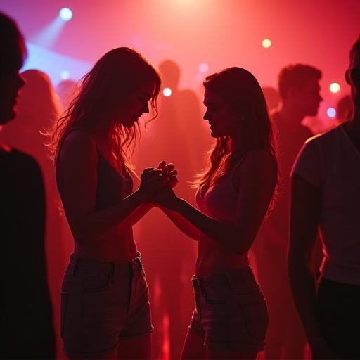 Two women dancing in a nightclub. Both wear trendy outfits. The atmosphere is lively and colorful. Spotlights illuminate the scene.
