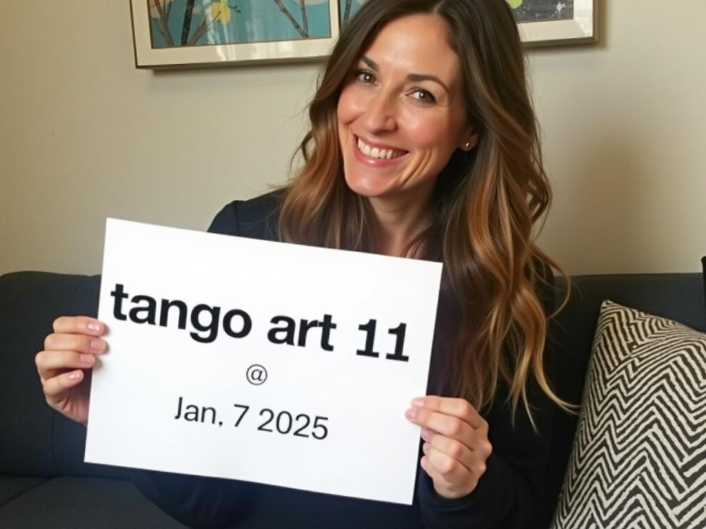 A woman is holding a sign that says "tango art 11" accompanied by the date "Jan 7, 2025" underneath. She is seated and appears to be relaxed, displaying a subtle smile. Her hair is long and wavy, cascading down her shoulder. In the background, there's a hint of decorative wall art and a patterned throw pillow. The overall atmosphere of the image is casual and artistic.