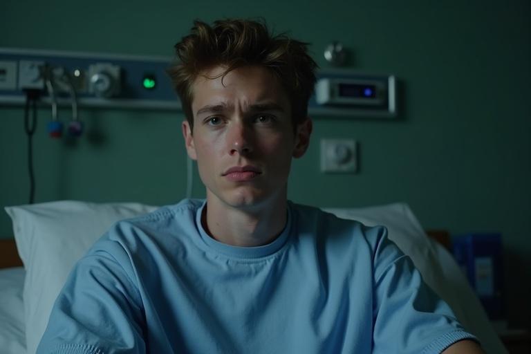 A young American man in hospital attire with a sad expression sits on a hospital bed. The room appears somewhat dark with soft lighting.