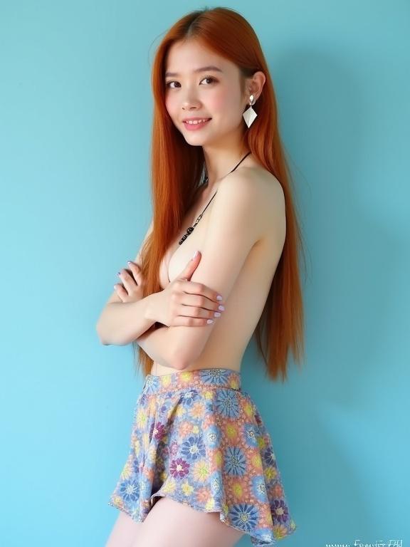 Photograph features a young woman with long red hair against a light blue background. She has a colorful patterned skirt and arms crossed. She smiles slightly while looking at the camera. Her skin is light. She wears white triangular earrings and a beaded necklace. Her nails are pink. The lighting is soft with no shadows. The angle is low with a shallow depth of field, focusing on her. The background is slightly blurred. The image is well-composed with a clear focus on her.