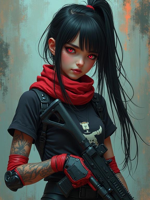 Portrait of a young girl rebel in cyberpunk style holding a Glock X19 with a silencer. She has long black hair, vibrant red eyes, and wears a casual cartoon t-shirt under a tactical exosuit. The background features psychedelic wallpaper. The character poses confidently with a cheeky smile, showcasing intricate tattoos and arm implants.