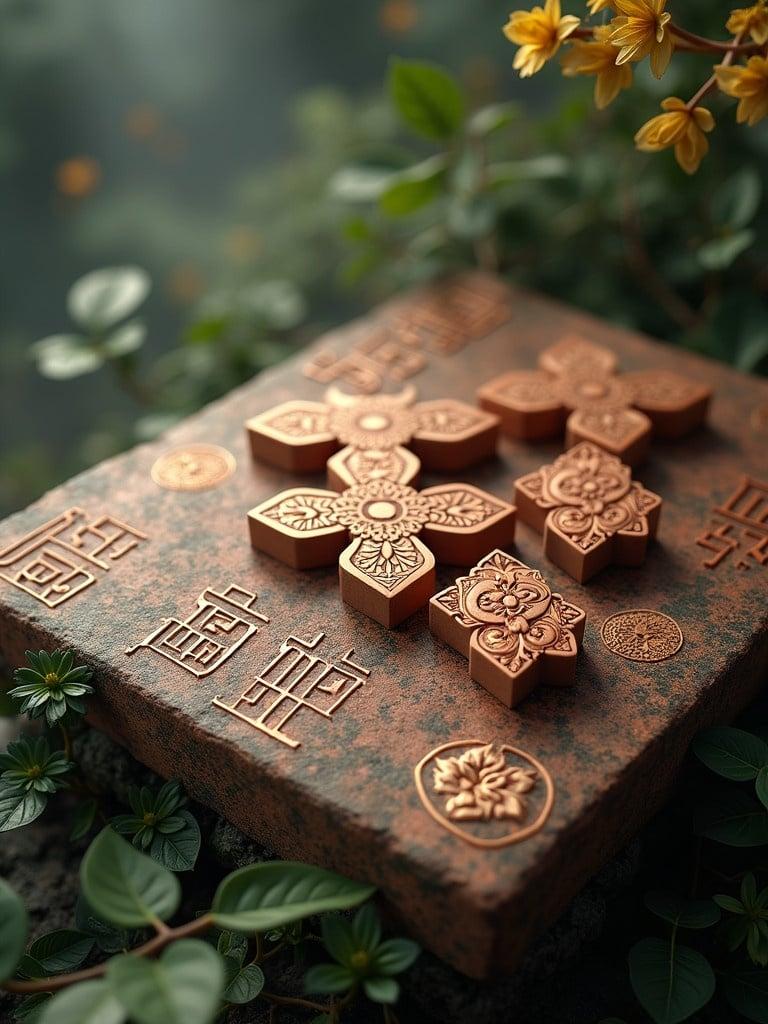 Exotic wooden tangram puzzle pieces scattered across a worn polished stone tablet with etched Chinese seal script. Surrounded by lush greenery and misty atmospheric effects. Evokes a mystical ancient Asian setting. Hyper-realistic detail with a deep rich color palette and nuanced textures. Vibrant complementary colors and soft golden lighting enhance the visual impact.