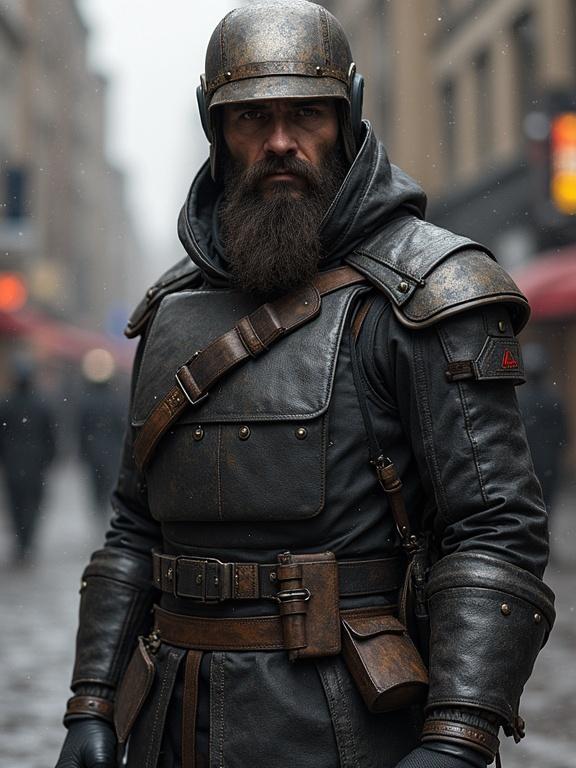 A strong warrior stands in armor on a rainy street. The warrior has a long beard and a fierce expression. The figure wears a vintage-style helmet and leather armor. The background is blurred with people in similar attire. Rain falls softly around creating a moody atmosphere.