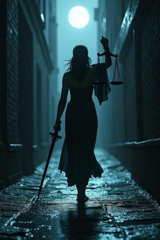 A low moon casts shadows in a rain-soaked alley. Lady Justice is blindfolded and wearing a robe. She holds scales in one hand and a sword in the other. A cloaked figure emerges from the shadows. The atmosphere is tense and dramatic.