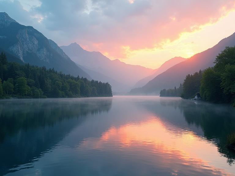 Photorealistic image of a serene mountain landscape with sunrise colors reflecting on a calm lake. Surrounding lush green trees and a clear blue sky. No people or text included.