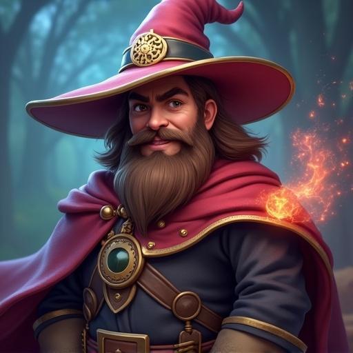 Generate a hyper realistic image of a wizard inspired by Clash of Clans. The wizard has a smartly smiling expression. He is a handsome young man and surrounded by magical spells. The background features mystical elements and a fantasy atmosphere.