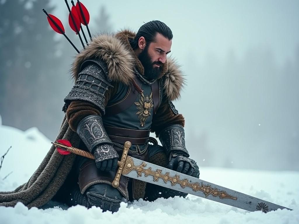 The image features a powerful knight kneeling in snow, holding a large ornate sword. He is dressed in elaborate armor with fur accents, conveying a sense of nobility and strength. Around him, the winter landscape adds a touch of harsh beauty, with soft snowflakes falling. His serious expression suggests contemplation or readiness for battle. The overall atmosphere evokes a sense of epic adventure and heroism.