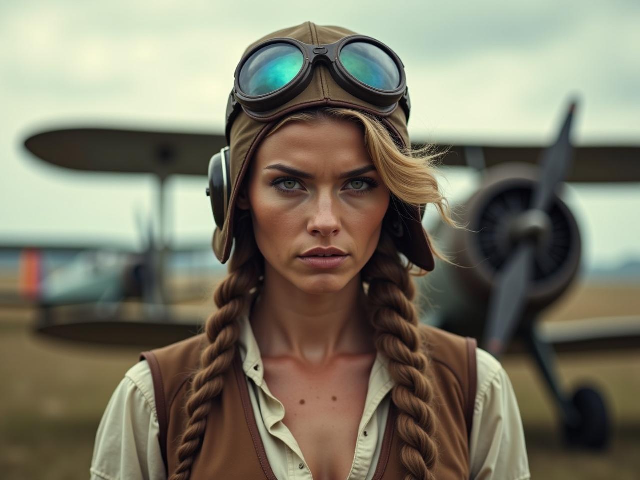 A woman dressed in vintage pilot gear stands confidently in front of biplanes. She has an intense expression, with deeply focused eyes that convey determination. Her lips appear chapped and her skin shows a rough texture, giving her a rugged look. The background features two classic aircraft in flight and on the ground, highlighting an adventurous atmosphere. The overall scene evokes a sense of nostalgia for early aviation and the bravery of its pioneers.