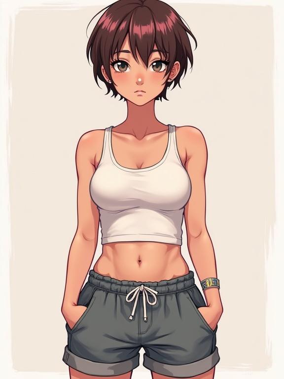 Full body portrait of a female teenager with a sharp jawline. She has straight brown hair dyed pink. Her gray eyes are visible. Her outfit consists of baggy shorts and a tank top. There are showing abs. The character has ear and nostril piercings.