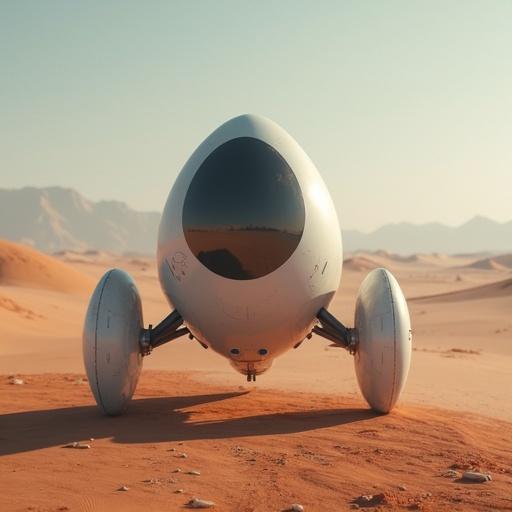 A spacecraft designed to land on the surface. Features a simple and clean design. Unusual form with smooth curves and reflective surfaces. Set in a vast desert landscape.