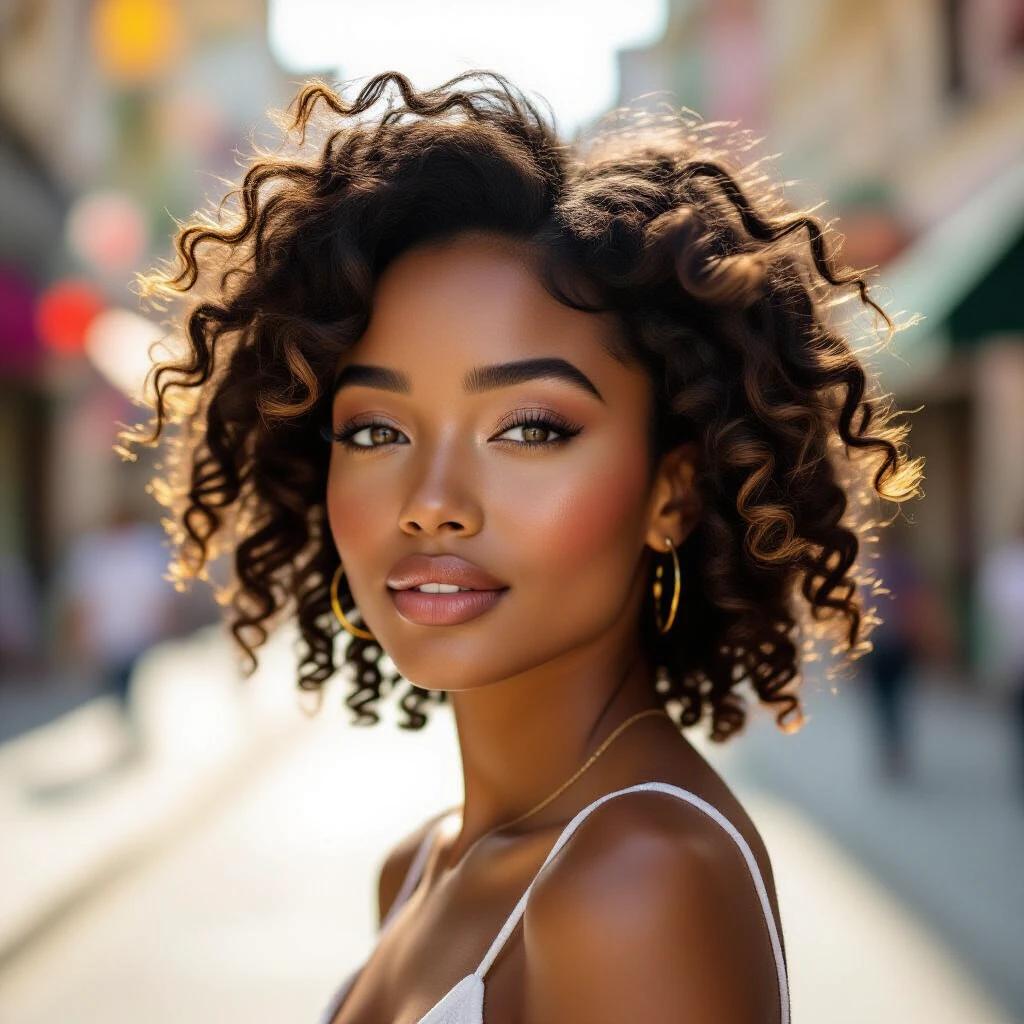 A young Nigerian-French model with glowing medium-brown skin and voluminous dark curls with honey-brown highlights poses on a bustling city street. She has golden amber hazel eyes and a faint freckle under her left eye. Delicate gold hoop earrings adorn her ears. The vibe is urban chic and spontaneous with a casual outfit and a soft smile.