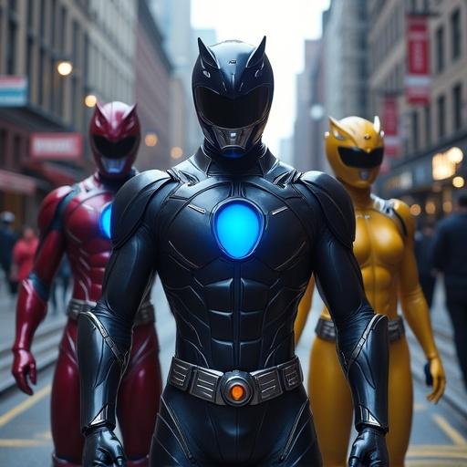 Five Power Rangers in sleek armor stand confidently on a city street. The male Rangers are in red and blue suits. The female Ranger wears a yellow suit. The background shows a cloudy urban setting with stores and street signs. Their distinctive armor has glowing features and smooth brimming designs. The image has a cinematic look with reflections.