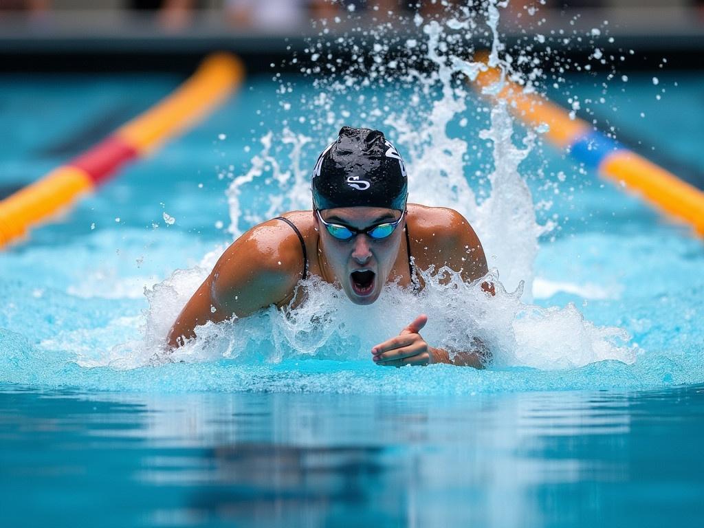 The image depicts a swimmer competing in a race in a swimming pool. The swimmer is in the middle of a stroke, with one arm extended forward and splashes of water flying around them. Various colored lane markers can be seen in the pool, highlighting the competitive environment. The water is a vibrant blue, adding to the dynamic nature of the sport. It captures the intensity and focus of the athlete as they move through the water.