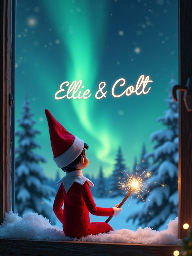 Elf on the shelf gazes at a night sky. Vibrant northern lights illuminate. Sparks from a magic wand write 'Ellie & Colt' in the sky. Soft snow on the window sill. Cozy scene with snow-covered trees. Inviting magical winter wonderland.