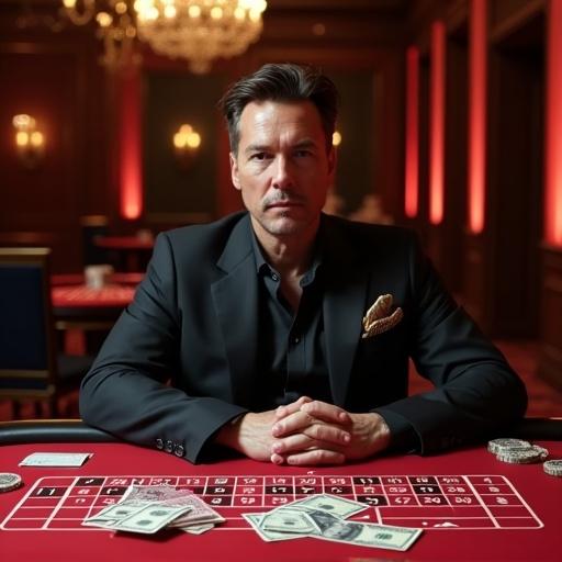 Man sitting at casino roulette table counting money. Cigar in hand. Luxurious setting with red and gold accents.