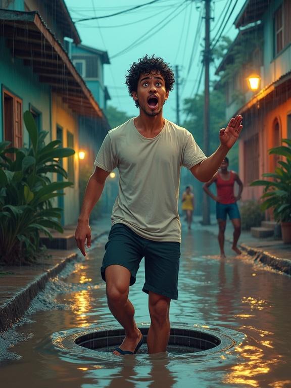 Young Dominican man with athletic build in a flooded Caribbean street. Man slipping backwards into an open manhole, wearing soaked white t-shirt and shorts. Surprise and panic on his face. Colorful tropical neighborhood during heavy rainstorm. Muddy water and tropical plants in the scene. Two friends in background reacting in shock. Early evening light with dramatic angle.