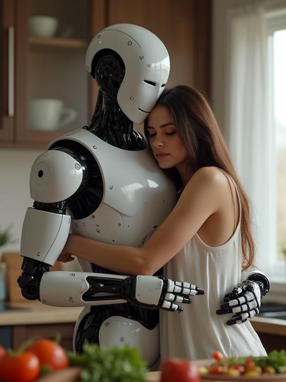 Faceless Android robot embraced by wife in a kitchen. Wife in loose t-shirt hugging robot tightly. Romantic and serene atmosphere. Detailed image quality.