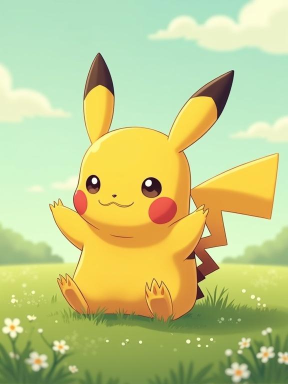 Chubby Pikachu character sitting in green grass surrounded by small white flowers. The background features a clear sky with soft clouds and a sunny atmosphere. Cheerful and friendly expression on Pikachu's face. The animation style is soft pastel, emphasizing cuteness and charm.