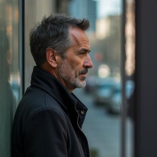 Street photo featuring a man looking through a glass surface. The reflection shows elements of urban life. Soft natural light highlights the scene.