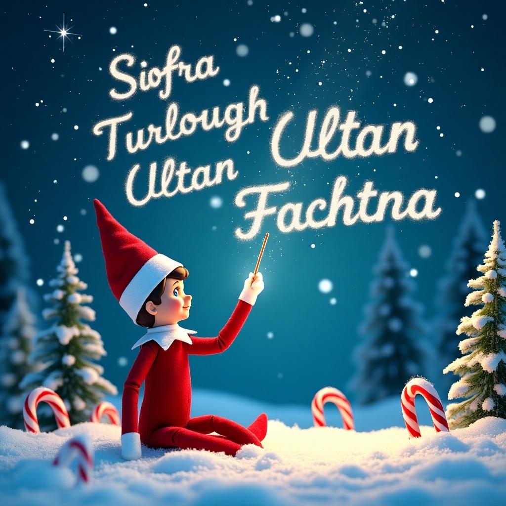 The image features an adorable elf on the shelf, sitting amid sparkling snow in a serene winter wonderland. The elf is facing a starry sky, enchanting viewers as it uses a magical wand to write names in the air. Candy canes dot the snowy ground, and evergreen trees create a picturesque backdrop. Above the elf, names are elegantly script in shimmering light: Siofra, Turlough, Ultan, and Fachtna. This charming scene captures the spirit of Christmas and the joy of childhood imagination.