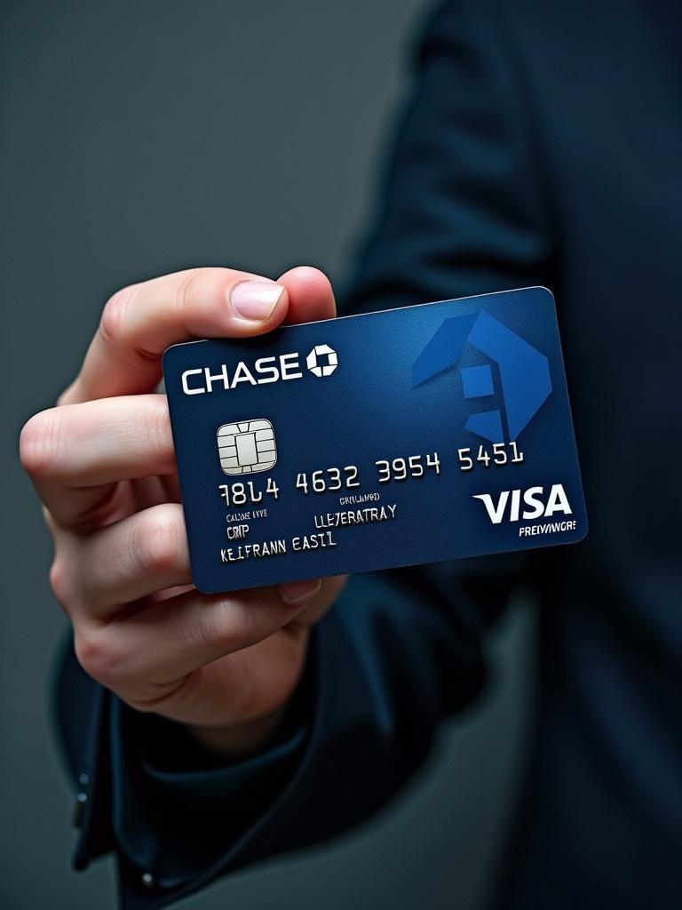 Chase Bank credit card held in hand. The card displays a blue design with a logo. Image is captured in a professional setting. The card has a Visa logo. Suitable for financial advertisements.