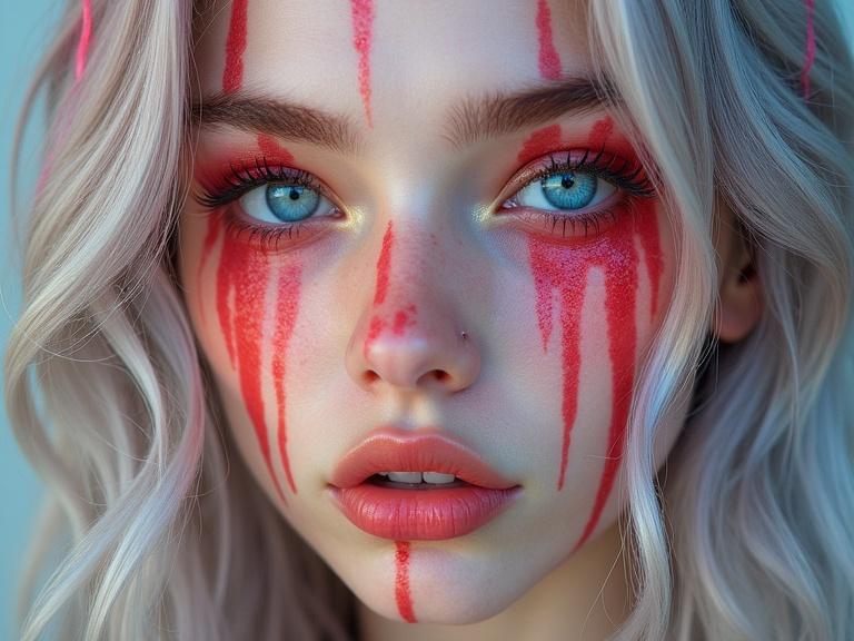 Bright surrealism art featuring a close portrait of a young female. Vivid blue eyes and long wavy silver hair accentuated by bold red stripes. Pale skin with patches resembling stained glass extending like blades. Use of bold colors and gradients.