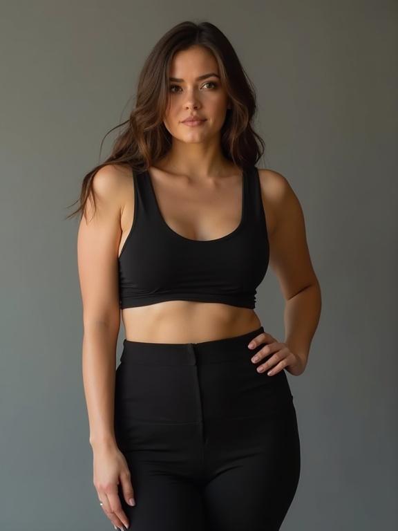 Full body view of a woman in a black crop top and tight black pants. She has an hourglass figure. Confident pose showcasing her curves. Soft lighting accentuates her features.
