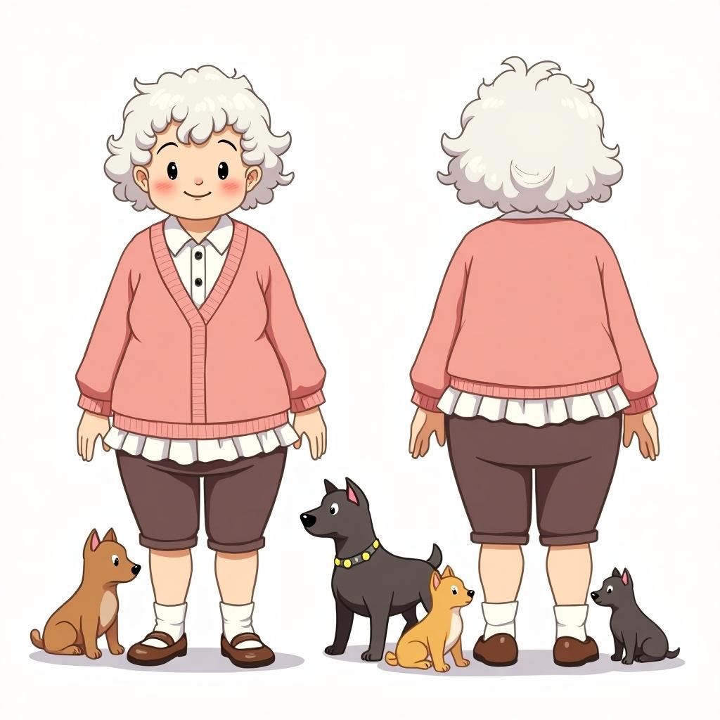 Character sheet in anime style shows friendly old woman character. She has curly white hair that surrounds her chubby face. Outfit features a pink blouse with a white frilled shirt underneath. Character displayed in front side back views. She has some dogs around her.