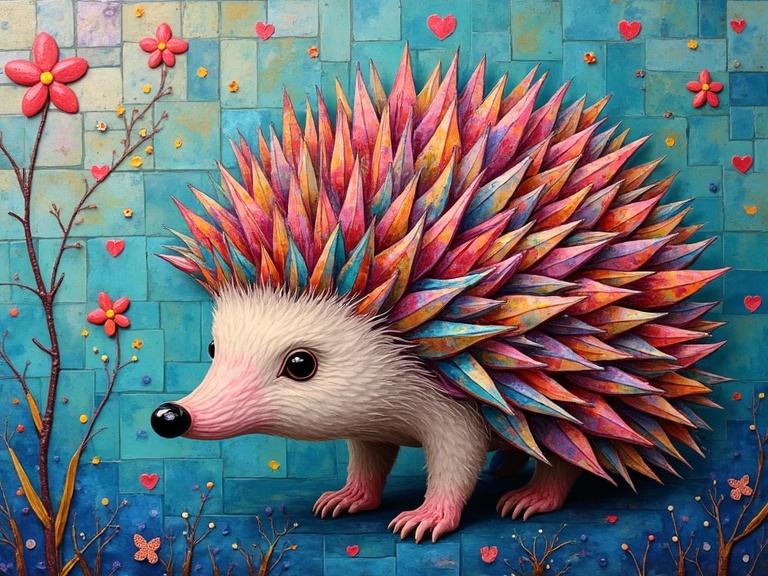 3D adorable hedgehog with colorful spikes, surrounded by vibrant flowers against a blue background. Ethereal mixed media style with tile and glass mosaic effect.