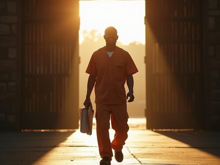 Prisoner walking out of prison gates in civilian clothes, holding legal documents. Sunlight behind him. Subtle smile of triumph. Captures emotional freedom moment and inspirational tone.