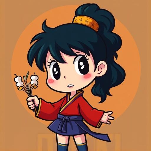 Image of a chibi character inspired by anime. Character has dark hair and is holding flowers. Dressed in traditional attire with vibrant colors. Bright background emphasizes the character's cheerful expression.