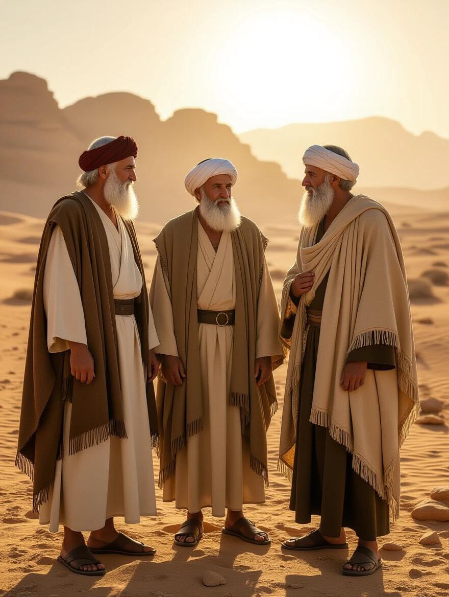 Three young men dressed in ancient biblical clothing stand in a desert. They have beards and long robes. The sun sets behind them, casting a warm light. The scene is highly detailed and realistic, showcasing traditional attire from the biblical period. Their poses reflect pride and connection to their heritage.