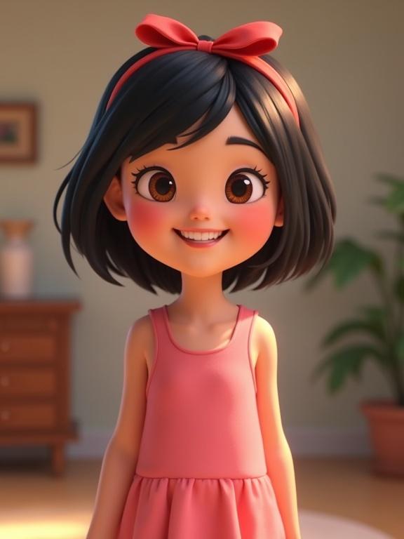 Cheerful girl inspired by a character from Upin & Ipin. No glasses. Smiling warmly while standing in front of a camera. Short black hair with a red headband. Wearing a pink dress with simple design. Softly blurred background like a casual indoor setting. Natural lighting highlights friendly expression and youthful features.