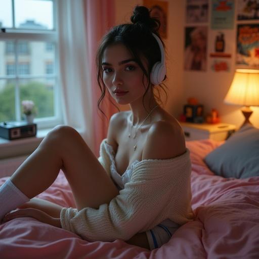 Portrait of an 18-year-old European woman seated on a disheveled bed with pink sheets. She gazes calmly at the viewer wearing white headphones, loose-knit cardigan, and a silk camisole. Dark eyes with sparkling eyeliner. Background shows a typical university dorm room at night with scattered clothes and vintage decor. Raindrops visible on the windowpane.