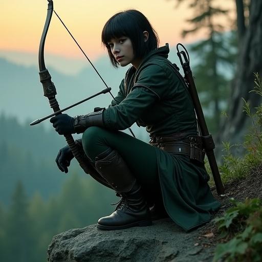 A lone female scout is in a fantasy setting. The character wears dark green leather armor. She has short black hair and a piercing gaze. The scout is crouched on a rocky cliff at dusk. She holds a shortbow. The expression is unreadable. The background features a forest with distant smoke.