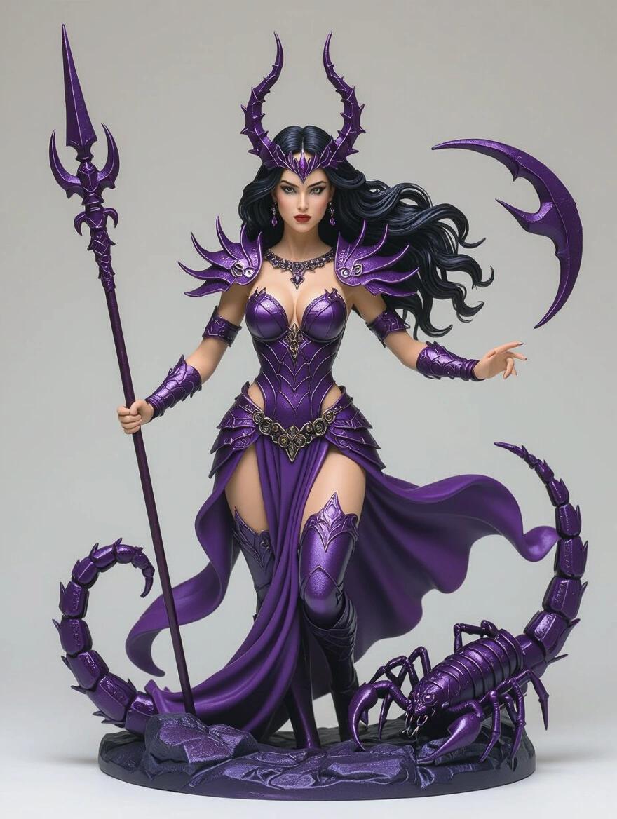 Resin sculpture of a goddess inspired by the Scorpio zodiac sign. The figure has a slender and strong body. Long wavy black hair flows down. A crown with a scorpion sting shape rests on her head. Purple armor features scorpion symbols and curved tail details. In an attacking pose, she holds a spear inspired by a scorpion sting. The base is rocky with a dark atmosphere.