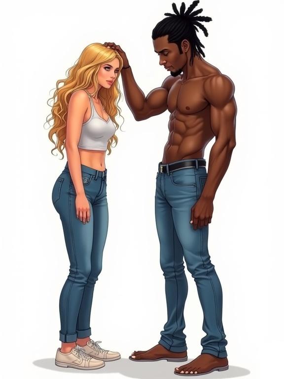 Full body portrait of a female with long wavy blonde hair in a crop top and skintight jeans. She is crouching. A male with black skin and dreadlocks in jeans is standing and patting her head. Background is white. The style features soft diffused lights with smooth lines and shading, resembling comic book illustration.