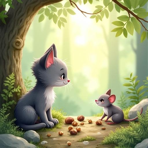 Watercolor illustration of a forest clearing in the Pyrenees. A cute grey cat cub sees a little gray mouse gathering nuts under a tree. The setting is sunny, peaceful, filled with soft natural light, gentle forest details, ferns, and mossy stones.